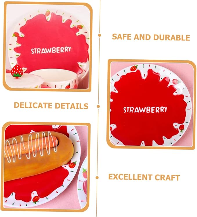 Food Serving Dish Hand-painted Strawberry Ceramic Plate for Pasta Desserts and Breakfast Cute Tableware for Birthday Parties and Home Use