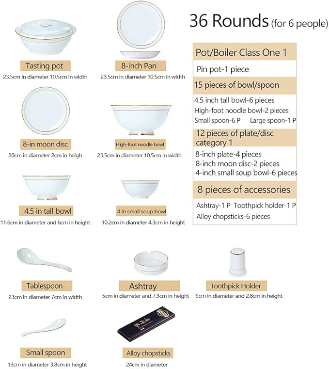 36Pcs Ceramic Dinnerware Set, White with Gold Edge, Luxury Tableware Set for 6,