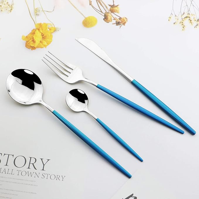 JASHII 24-Piece Titanium Plated Stainless Steel Flatware Set, Blue Handle Silver Mouth Utensils, Blue Silver Cutlery Set for 6
