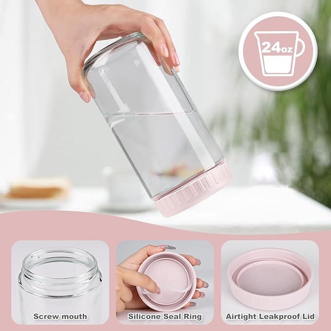 Overnight Oats Containers with Lids, 24oz Glass Jars with Lids 2 pcs, Pink, Wide Mouth Mason jars for Salad, Yogurt, Snacks, Meal Prep