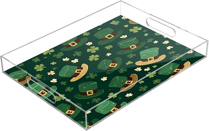 Serving Tray with Handles Clear Acrylic Tray 12x16 Inch Decorative Rectangular Tray Organizer for Ottoman Coffee Table Bathroom Dark Green Shamrocks and Hats