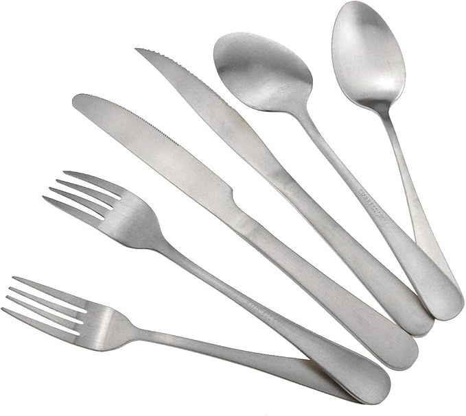 Gugrida 24-Piece Silver Heavy Duty Stainless Steel Flatware Set, Travel Cutlery Include Knife Fork Spoon Service for 4,Healthy & Eco-Friendly Silverware - Matte Elegant Modern Eating Utensils