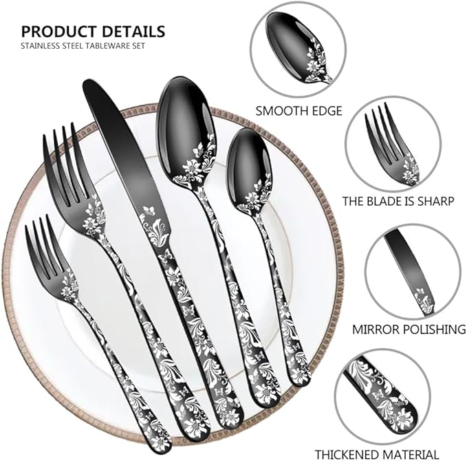 XIAOYU 5 Pieces Silverware Set, Black Flatware Set, Stainless Steel Mirror Polished Cutlery Set, Spoons Forks Knives Set with Unique Floral Laser, Silver