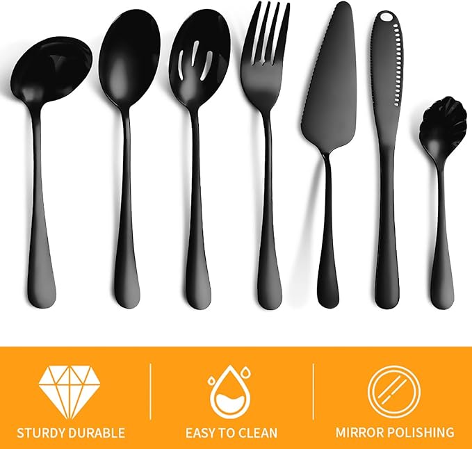 11-Piece Serving Utensil Set, Stainless Steel Modern Flatware Serving Set Serving Spoons Fork Knife Ladle, Tableware Cutlery for Home Restaurant Buffet Party (Black)