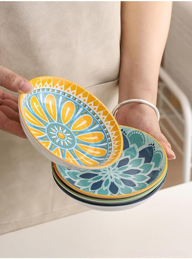 Set of 4 10 OZ Colorful Ceramic Dessert Bowls Bohemian 6 inch Serving Dishes Cute Shallow Bowls for Appetizer,Side Dishes,Sushi,Salad,Snack,Icecream,Fruit,Microwave Dishwasher Safe