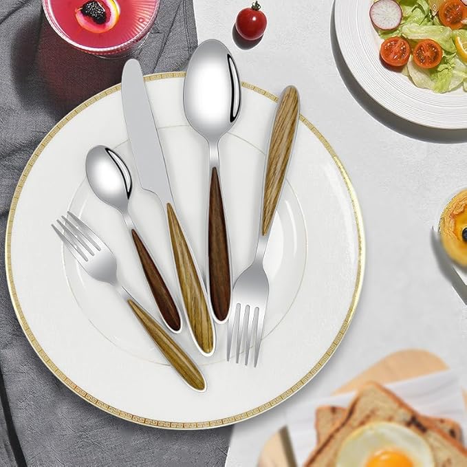 Stainless Steel Flatware serving set,Home Kitchen Eating Tableware Set,Dishwasher Safe,For Home Kitchen Restaurant Hote 5/20/30/40 Piece Stainless Steel Cutlery Steak Knife, Fork And Spoon Set Wood Gr