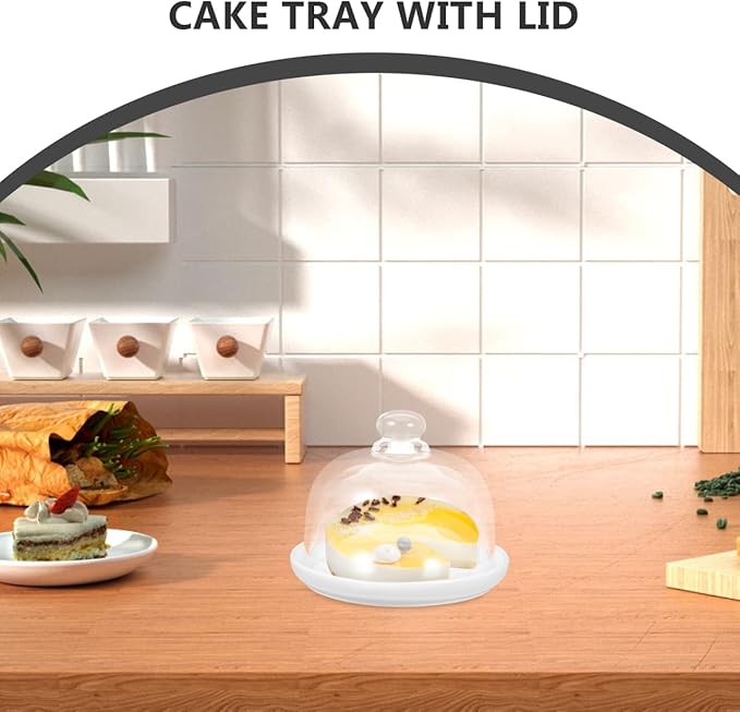 DOITOOL Ceramic Cake Stand with Glass Dome Cover White Ceramic Cake Plate Server Round Clear Glass Dome Dessert Plate for Home Kitchen Party Use, 5.9 x5.9 x 4.7 inches