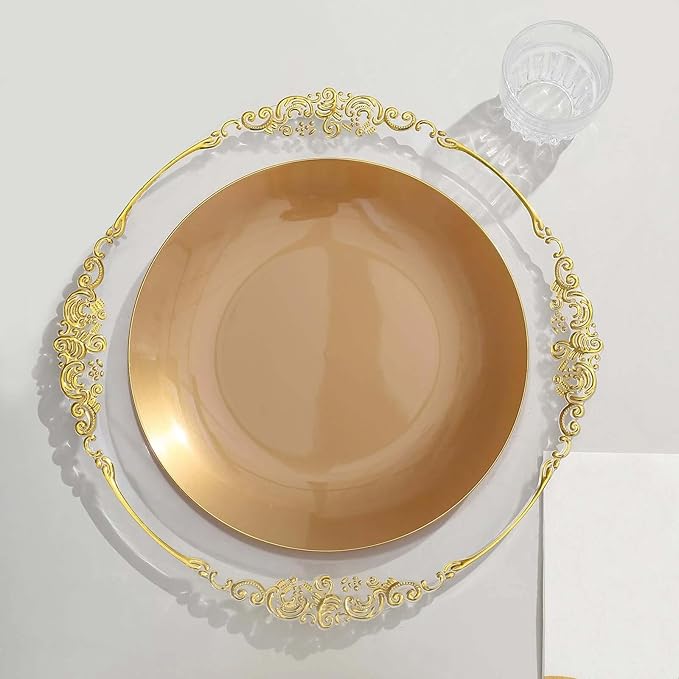 Efavormart 10 Pack | 10" Gold Round Plastic Dinner Plates With Gold Rim, Disposable Party Plates