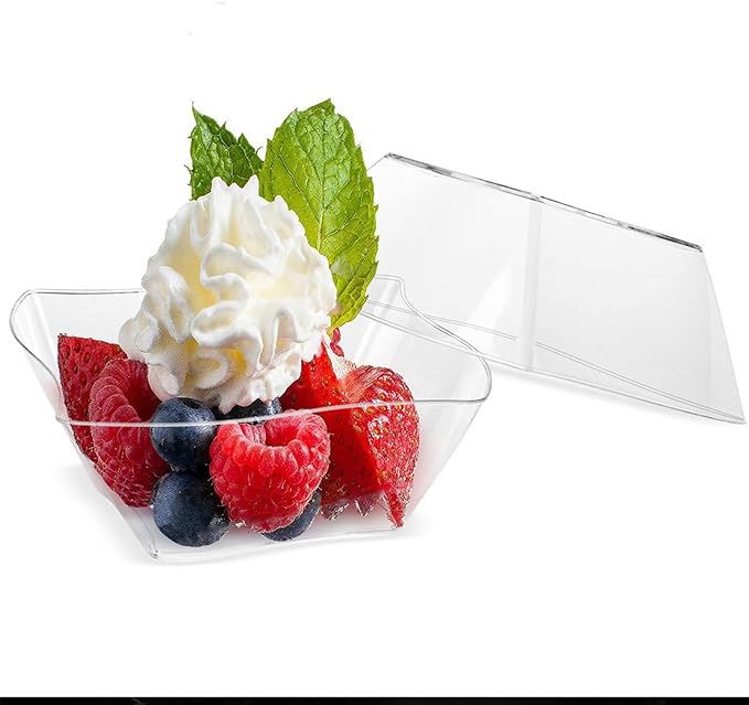 150 Pack 5 oz Clear Plastic Dessert Cups with 150 Tasting Spoons, Square Parfait Appetizer Plates Bowls for Party, Weddings
