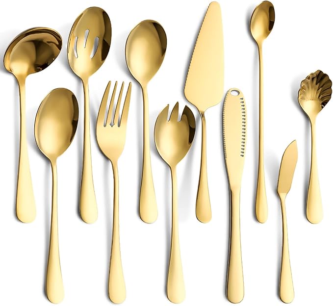 11-Piece Serving Utensil Set, Stainless Steel Modern Flatware Serving Set Serving Spoons Fork Knife Ladle, Tableware Cutlery for Home Restaurant Buffet Party (Gold)