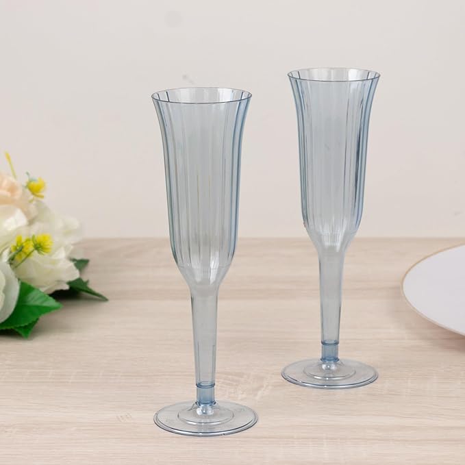 TCF Linen 12 Pack Transparent Dusty Blue Plastic Champagne Flutes, 6oz Flared Disposable Glasses Elegant Reusable Look Shatterproof Stemware for Weddings Parties Catering Toasts
