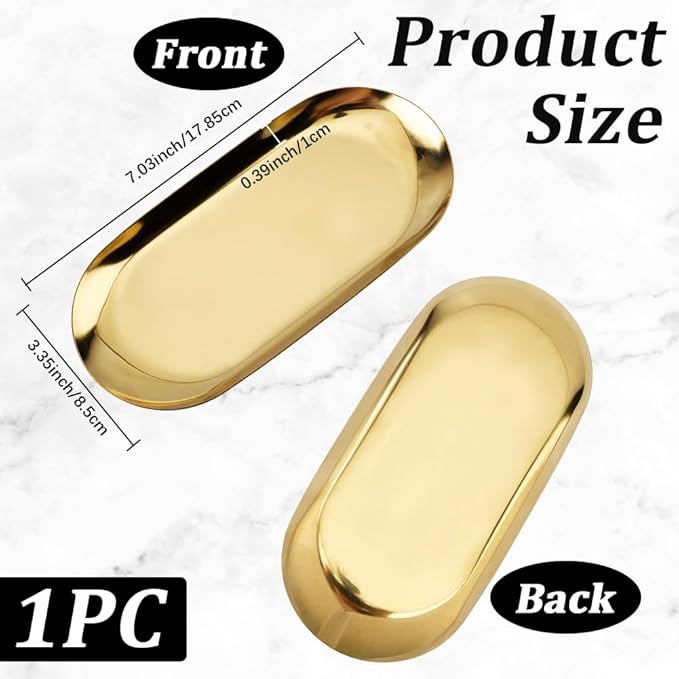 CRASPIRE 7 x 3.47 Inch Small Gold Oval Vanity Tray Stainless Steel Trinket Trays Metal Jewelry Dish Food Storage Plate Cosmetics Organizer for Serving Platter Jewelry Towel Bathroom Clutter Decoration