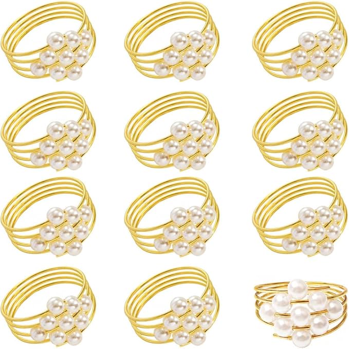 Pearl Decorative Napkin Rings Set of 12, Gold Napkin Ring with White Imitation Pearl Serviette Buckles Holder for Wedding Birthday Thanksgiving Christmas Easter Holiday Table Decor