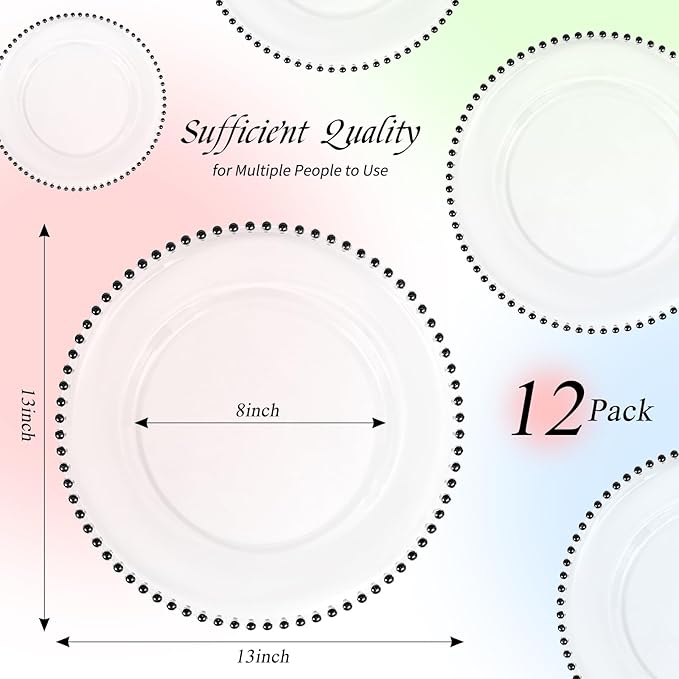 12 Pack Clear Charger Plates with Beaded Rim, 13 Inch Plastic Chargers for Dinner Plates Acrylic Round Tabletop Decoration for Home Kitchen Catering Wedding Table Event Party Dinner (Black)