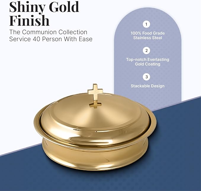Communion Ware | Church Communion Tray Set | Holy Stackable 1 Communions Tray with a Cover for Churches | Communions Supplies | Stainless Steel Trays with 40 Holes Disk – Shiny Gold Finish
