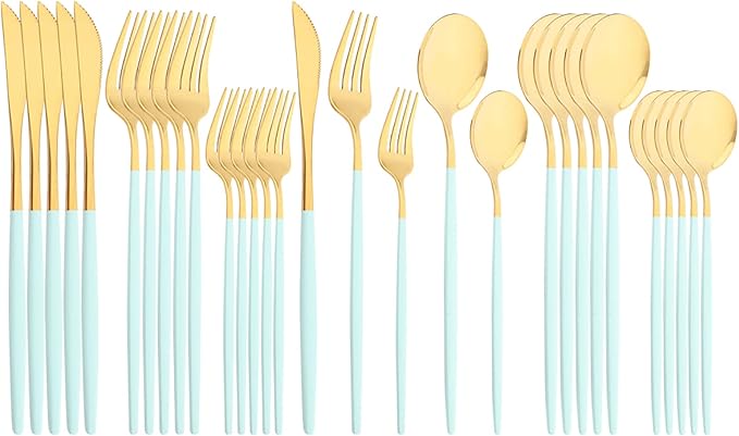 30-Piece Snplowum Mirror Flatware Serving Set, 18/0 Stainless Steel Dinnerware With Mint Green Handle, Modern Durable Home Kitchen Eating Tableware Set Service For 6 (Mint Green Gold)