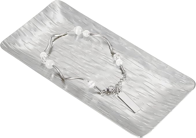 uxcell Decorative Tray, 5.9x3 Stainless Steel Rectangular Frosted Serving Tray with Streak Grain Pattern for Dessert Napkin Towel Candle Jewelry Bathroom Platter, Stackable, Silver