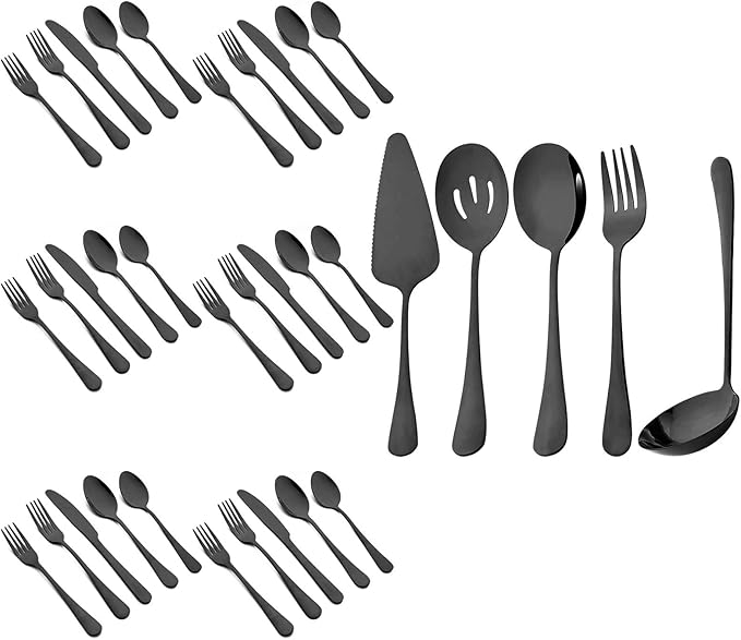 35-Piece Black Silverware Set For 6, Premium Stainless Steel Cutlery Serving Utensils, Modren & Classic Tableware For Home Kitchen Restaurant Party, Mirror Finish, Dishwasher Safe