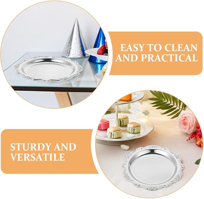 VILLCASE 2 Pack Small Silver Serving Tray, 5. 9 Inch Vintage Round Iron Display Plate for Desserts, Antique Style Decorative Jewelry Dish for Vanity, Wedding Centerpiece and Tea Party (Silver)