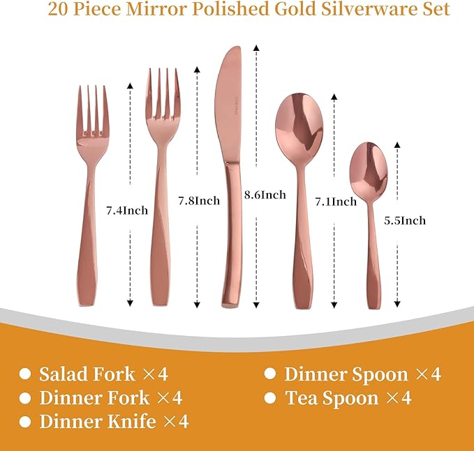 Rosegold 20 Piece Silverware Set,Stainless Steel Flatware Set for 4,18/0 Rust-Proof Cutlery Set with Forks & Spoons,Mirror Polished Dishwasher Safe - Heavy Duty Tableware for Home & Dining