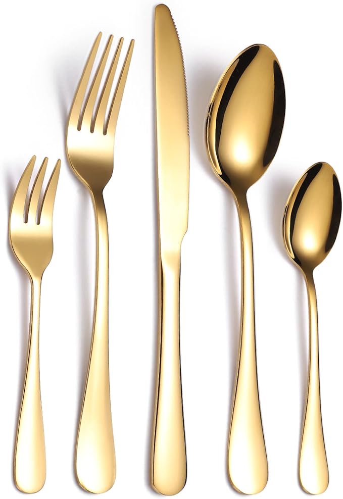 20-Piece Gold Serving Flatware Silverware Set, Stainless Steel Serving Utensil Set, Cutlery Set Service For 4 ，Dishwasher Safe Perfect For Home Kitchen Restaurant (Gold)