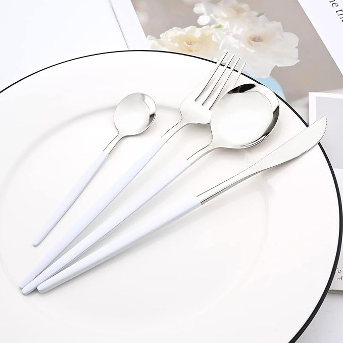 40 Pcs Silverware Set With Teaspoon For 10, Food Grade Stainless Steel Utensils Tableware Set, Elegant & Simple Flatware Serving Set Include Knife Fork Spoon, Mirror (White Silver)