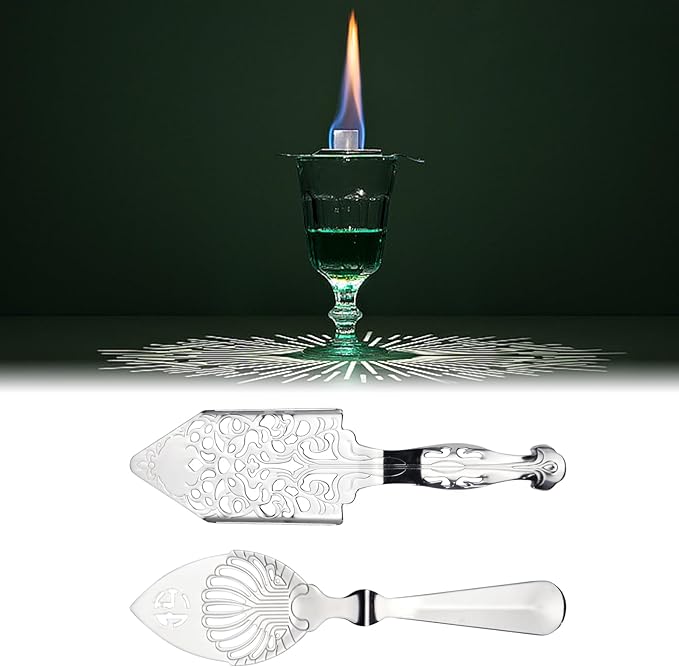 2 Pcs Stainless Steel Absinthe Spoons, Spoon-Vintage Style Absinthe Dripper with 2 Types, Ice Cube Mesh Filter Wormwood Spoon Strainer Spoon for Bar Cocktail Tea Coffee (Silver)