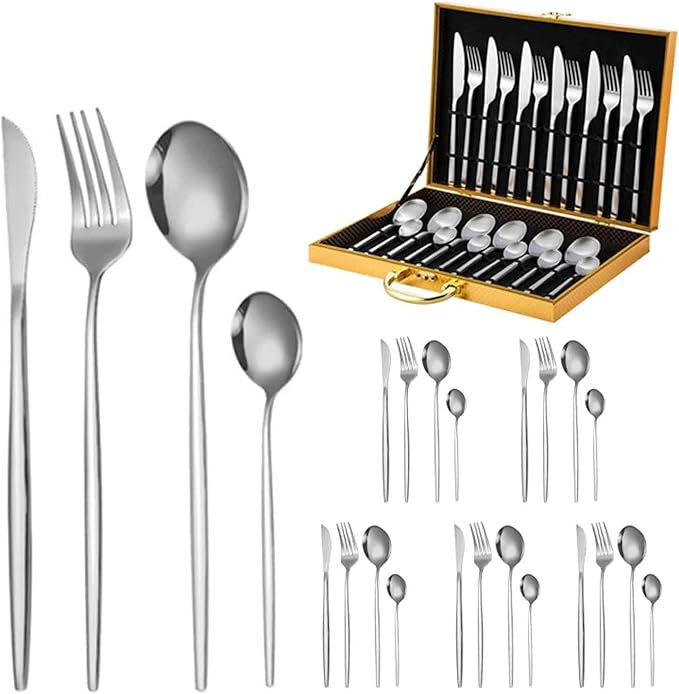 24 PCS Stainless Steel Cutlery Serving Set for 6 with Spoon Knife and Fork, Easy to Clean, Matte Mirror Polished for Home, Restaurant, Parties, Dishwasher Safe(Silver,D)