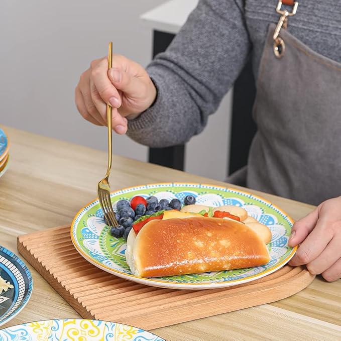 AHX Dinner Plates Ceramic Plate Set - 10 Inch Large Porcelain Round Plate Sets of 6 - Flat Colorful Pattern Dining Plates for Kitchen | Family - Dishwasher | Microwave | Oven Safe