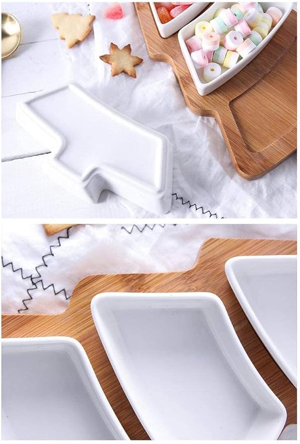 10.8 Inches Snack Appetizer Trays Set, Christmas Tree Dessert Serving Dishes, Snack Platter, 3 pcs Removable White Porcelain Plates with Bamboo Tree Tray