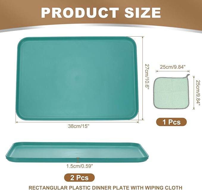 PATIKIL 15x10.6 Plastic Tray, 2 Pack Rectangular Plates Food Tray Wheat Plates Dishes Reusable Dessert Plate Trays with Cloth for Cake Fruits Salad Cupcake Steak Serving Dark Green