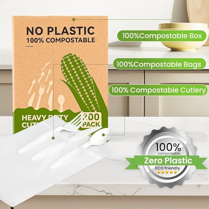 Heavy Duty Compostable Forks (300Pack), Eco-Friendly Heavyweight No-Plastic Fork - 100% Disposable Forks Cornstarch Flatware for Lounge Party Wedding BBQ Picnic Camping (300Pack Forks Only)