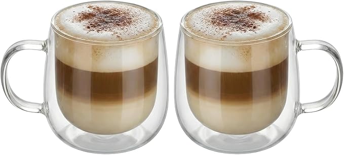 BEoneBEwin 10oz Double Walled Glass Coffee Mugs Set of 2, Clear Insulated Mug for Cappuccino, Latte, Borosilicate Glass Cup, Heat & Cold Resistant Glasses