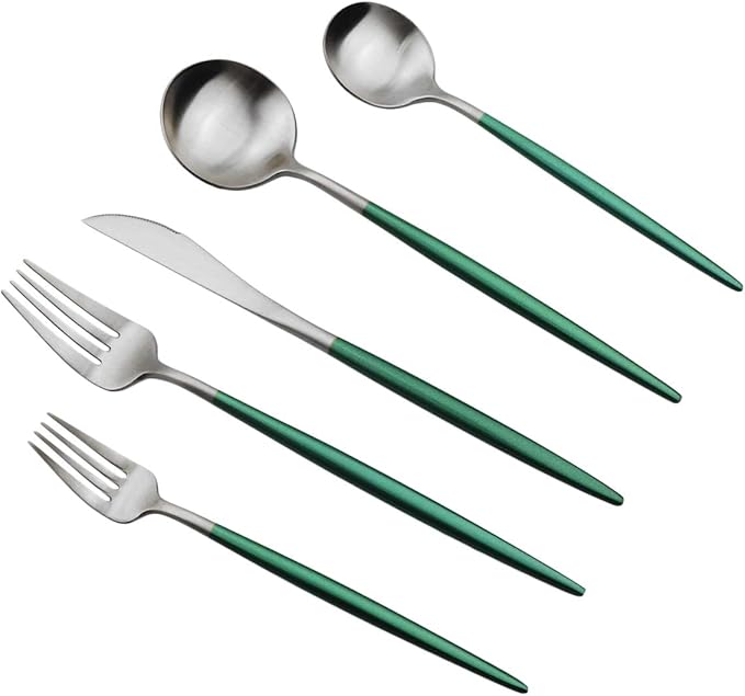 Gugrida Luxury Flatware, Royal 5 Piece Matte White Handle 18/10 Stainless Steel Tableware Sets for 1 Including Forks Spoons Knives, Camping Silverware Travel Utensils Set Cutlery (Green Silver)