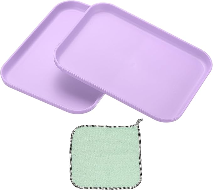 PATIKIL 7.9x5.9 Plastic Tray, 2 Pack Rectangular Plates Small Food Tray Wheat Plates Dishes Reusable Dessert Plate Trays with Cloth for Cake Fruits Salad Cupcake Steak Serving Purple