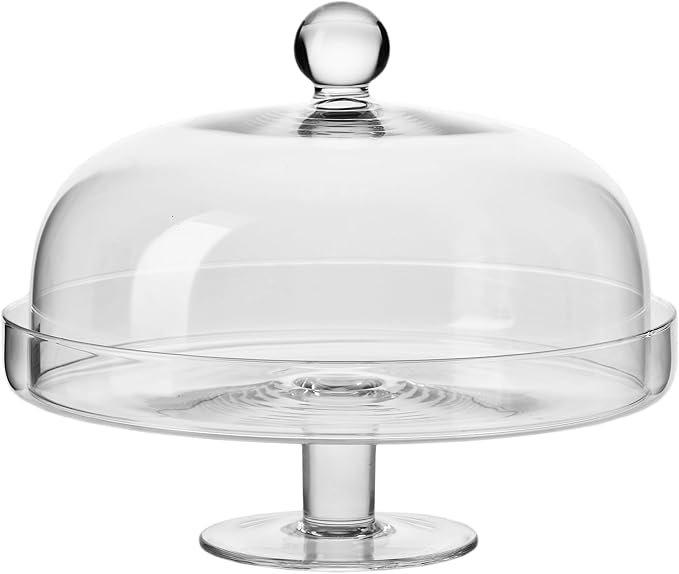 Barski Glass Cake Stand with Dome – Footed Plate is 11.75" Diameter – Clear Glass Covered Dessert Stand with Rim – Elegant Serving Platter for Cakes, Cupcakes, Pastries & Snacks – Made in Europe