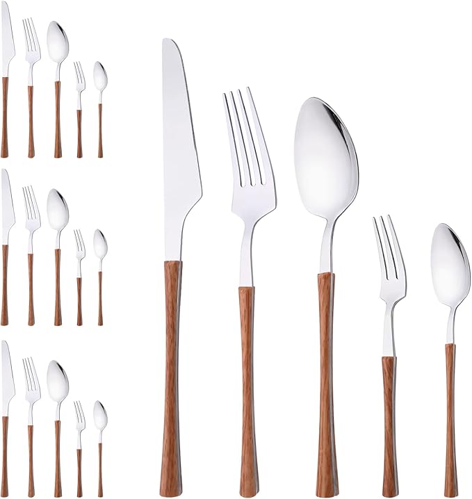 20 Piece Stainless Steel Cutlery Flatware Set, Mirror Polished Silverware Set with Wood Grain Handle, Kitchen Utensil Sets for 4, Tableware With Knife Spoons And Forks Set (Brown Silver)