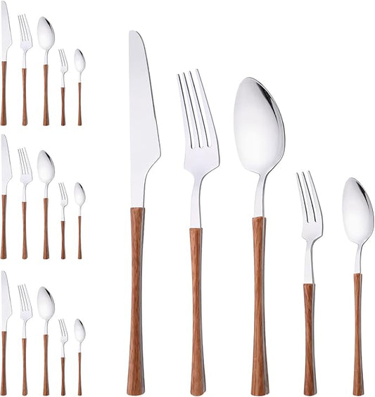 20 Piece Stainless Steel Cutlery Flatware Set, Mirror Polished Silverware Set with Wood Grain Handle, Kitchen Utensil Sets for 4, Tableware With Knife Spoons And Forks Set (Brown Silver)