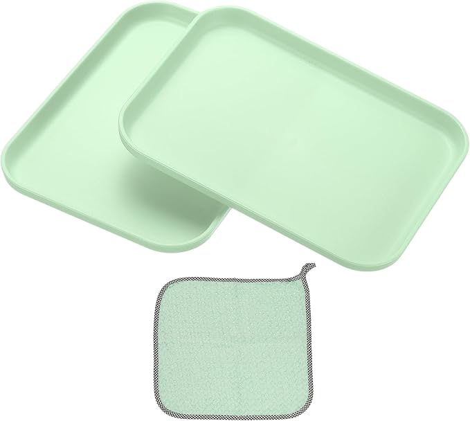 PATIKIL 7.9x5.9 Plastic Tray, 2 Pack Rectangular Plates Small Food Tray Wheat Plates Dishes Reusable Dessert Plate Trays with Cloth for Cake Fruits Salad Cupcake Steak Serving Green