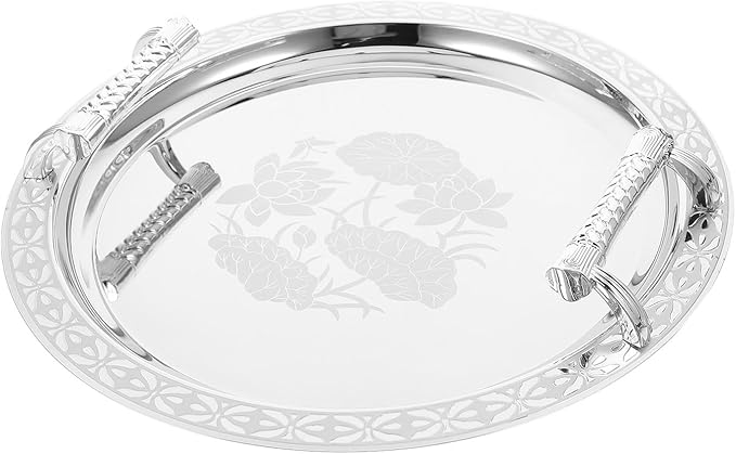 COHEALI European Style Round Patterned Fruit Plate Silver Serving Tray Stainless Steel Snack Dish for Home Party Picnic Lightweight Candy Container and Dried Fruit Holder