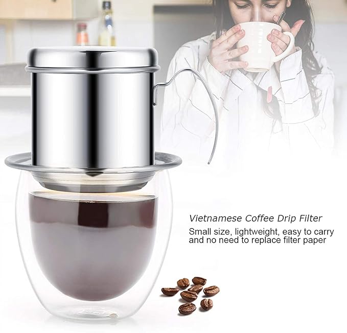 Vietnamese Coffee Drip Filter - Stainless Steel Maker Pot, Single Serving Cup, Manual Infuser Filter Dripper for Coffee Lovers (Silver)
