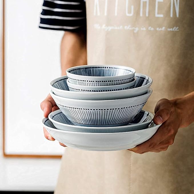 Dinnerware Set,White Porcelain Dinnerware Set with Blue Line Stripes, Ceramic Plates and Bowls Sets, Unique Dish Set for Parties or Everyday Use,Service for 8