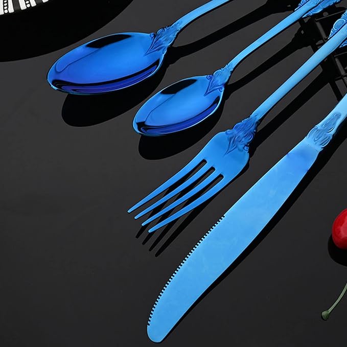 JASHII 24-Piece Blue Cutlery Set Silverware Set, Mirror Polished, Stainless Steel Flatware Cutlery Eating Utensils Service for 6, Unique Elegant Pattern, Dishwasher Safe (Blue)