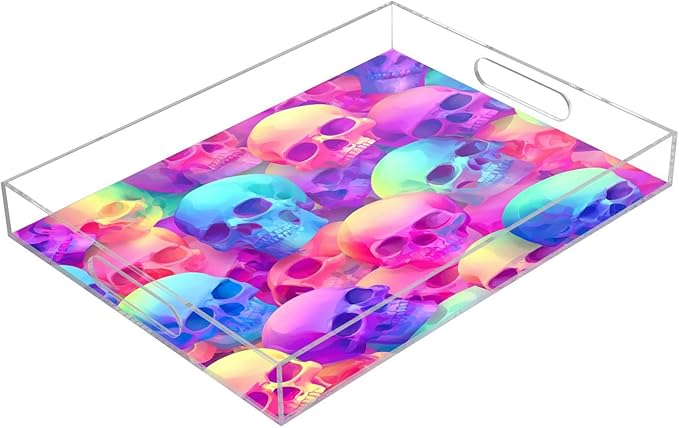 Serving Tray with Handles Clear Acrylic Tray 12x16 Inch Decorative Rectangular Tray Organizer for Ottoman Coffee Table Bathroom Gradient Multicolored Skulls