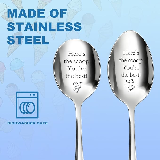 2 Pcs Ice Cream Spoon Motivational Gifts Dessert Spoons Stainless Steel Ice Cream Scoop Employee Appreciation Gifts For Women Men Coworkers Friends Female Here'S The Scoop You'Re The Best