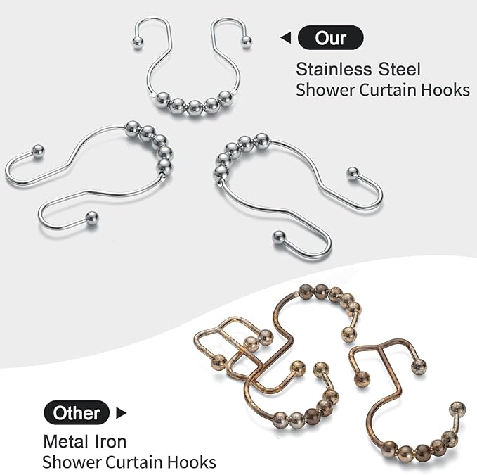 Goowin Shower Curtain Hooks, 12 Pcs Shower Curtain Rings, Stainless Steel Silver Shower Curtain Hooks Rings Rust Proof, Smooth Sliding Anti-Drop Double Shower Hooks for Shower Curtain, Rods (Chrome)