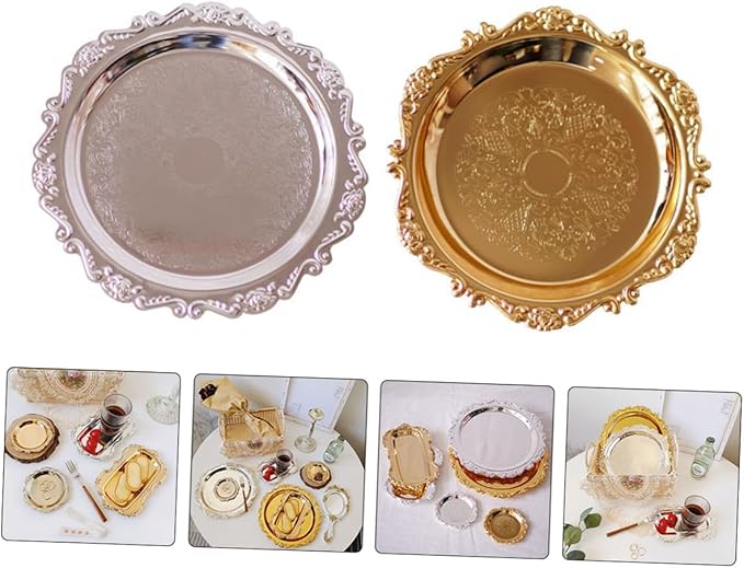 2 Pcs Stainless Steel Serving Trays Silver and Gold Storage Plates for Fruit Dessert Cake Pastry Platters Multipurpose Food Display for Kitchen Party