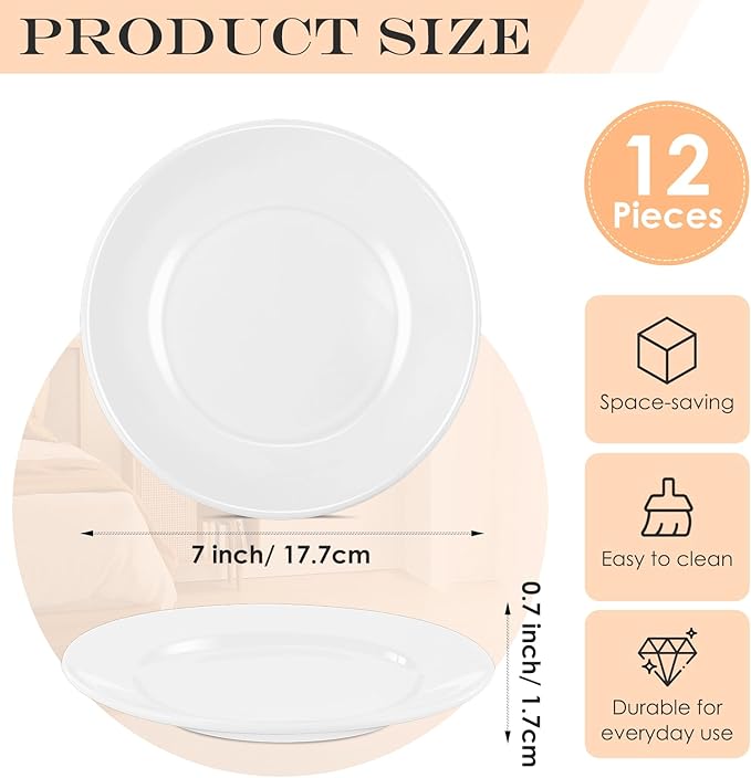 Porcelain Dessert Plates Set of 12, 7 Inch White Dinner Plates, White Salad Plate, Ceramic Appetizer Plate for Snack, Bread, Fruit, Cake, Microwave & Dishwasher Safe