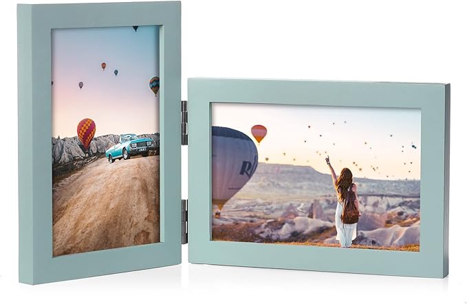 4x6 Double Hinged Picture Frame Folding Photo Frame Vertical and Horizontal in Teal Blue Pine Wood with Real Glass for Tabletop P-LAN-SH46