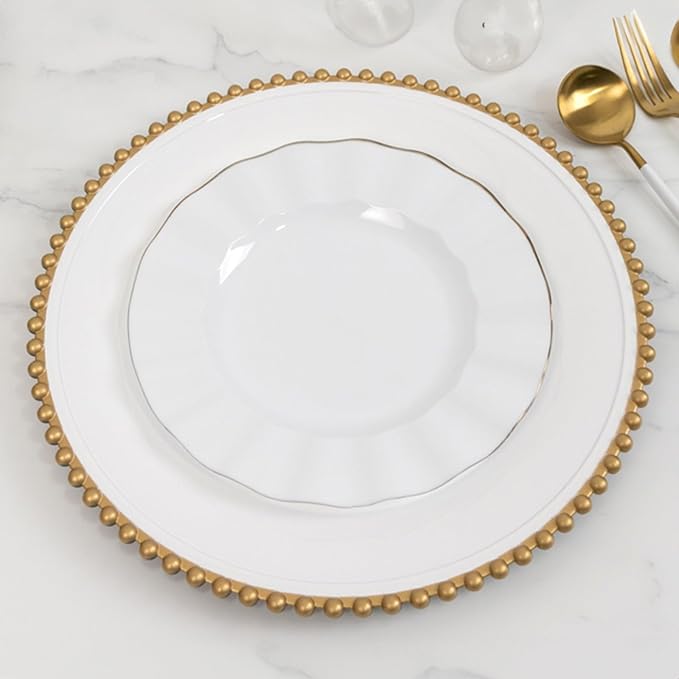 13" Charger Plates - Set of 12 - White/Gold Round Acrylic Disposable Chargers with Beaded Rim, Ideal for Dinner Party Wedding Bulk Events